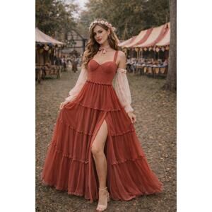 Lulus Blush Red Sz Large Corset Top Lace-Up Maxi Dress W Slit Ren Fair Coquette